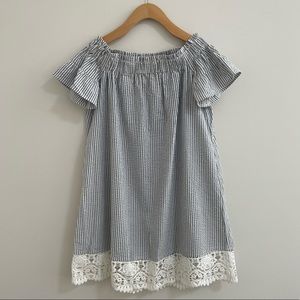 Loft Beach Seersucker Striped Dress with Lace XXS